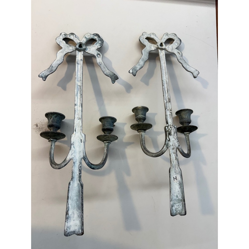 Unbranded Wall Sconce Pair White Excellent Bow Ribbon Tassel Metal patina - Picture 2 of 6